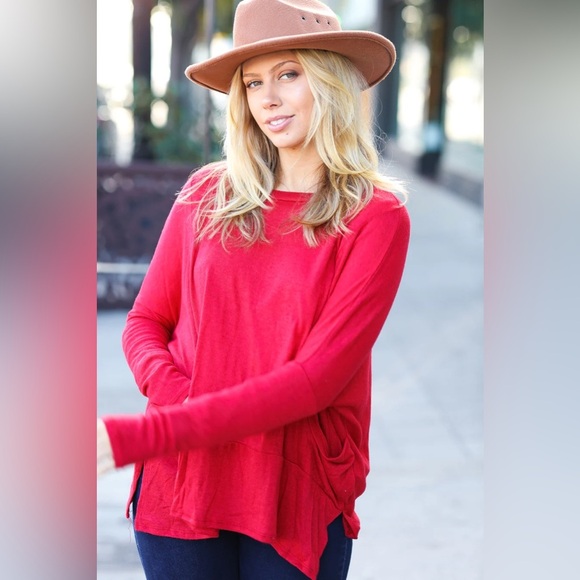 Going My Way Red Hacci Dolman Pocketed Sweater Top - Picture 3 of 6